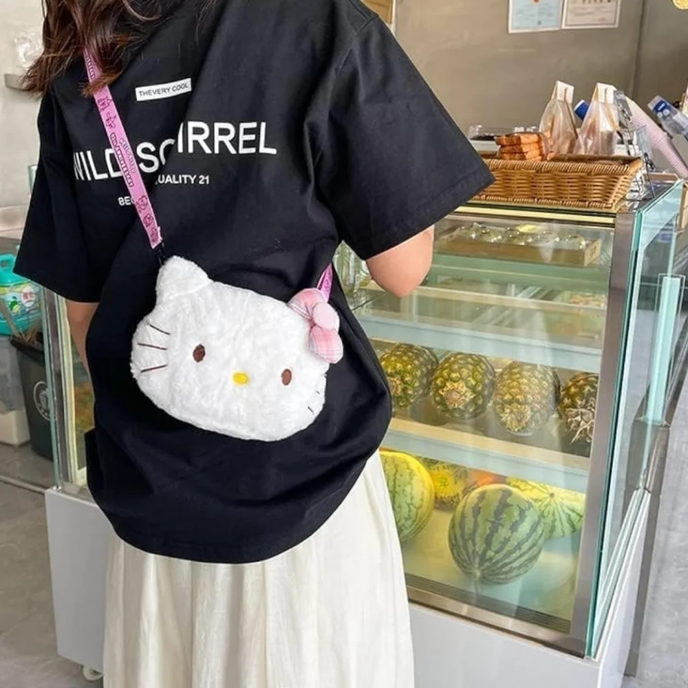 Pink white Hello Kitty over the shoulder plush purse bag with zipper and strap